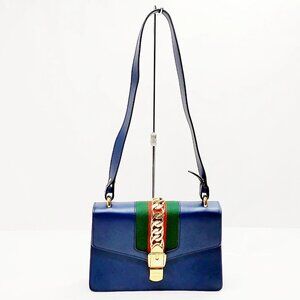 Gucci Sherry Line Navy Blue Leather Shoulder Bag mon-707-091325